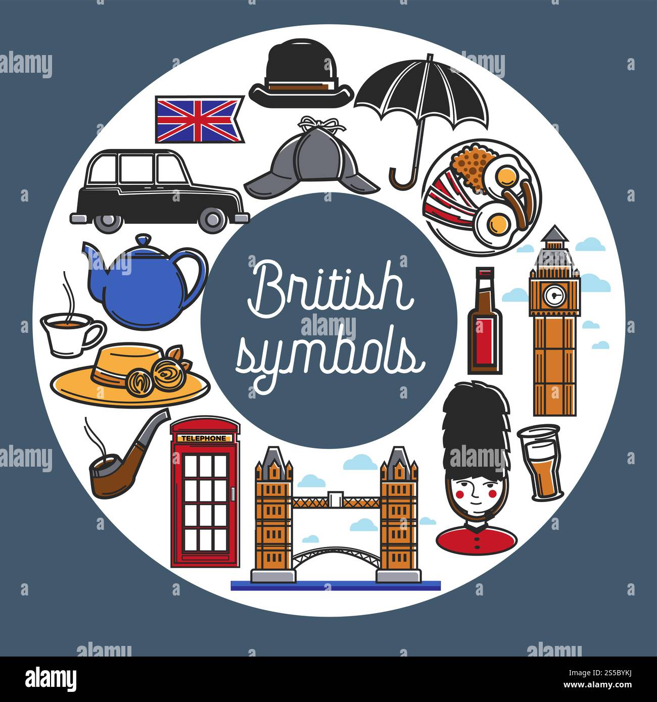 Britische Symbole aus Küche und Architektur. Traditioneller Tee, köstliches Frühstück, berühmter Big ben, riesige Tower Bridge, roter Stand, ungewöhnliche Hüte, schwarze Kabine und Vektorgrafiken der königlichen Wache. Britische Symbole aus Küche und Architektur im Kreis Stock Vektor