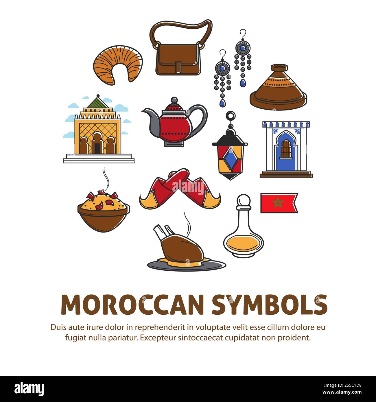 Marokkanische Symbole Promo-Poster mit kulturellen Elementen und Beispieltext. Architektonische Wahrzeichen, köstliches Essen, alte Teekanne, teure Ohrringe, Lederhandtasche und nationale Flaggenvektorillustrationen... Marokkanische Symbole Promo-Poster mit kulturellen Elementen Stock Vektor