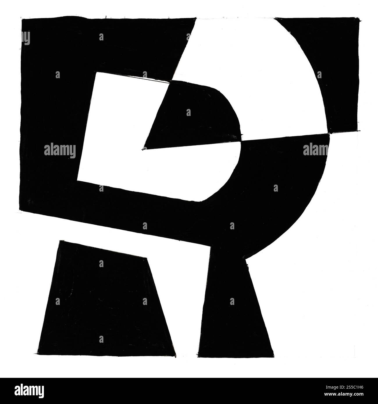 Abstrakte schwarz-weiße geometrische Komposition mit Buchstabe R von Hand gezeichnet mit schwarzer Farbe auf weißem Papier Stockfoto