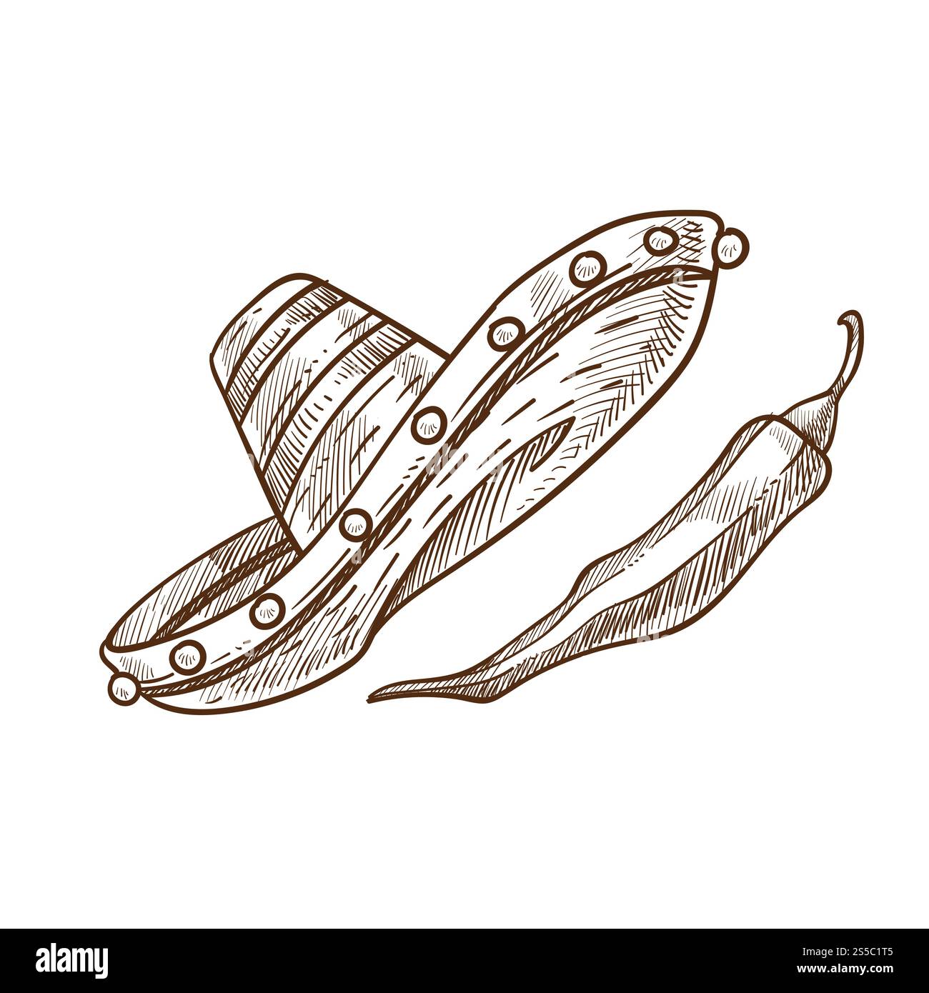Sombrero traditioneller mexikanischer Hut monochrome skizzierte Umrissset. Kopfbedeckung der abgerundeten Form, die Gesicht vor der Sonne versteckt, scharfe Pfeffer Gemüse Chillinvektor Illustration isoliert auf weißem Hintergrund. Sombrero traditionelle mexikanische Hut monochrome Skizze Vektor Illustration Stock Vektor