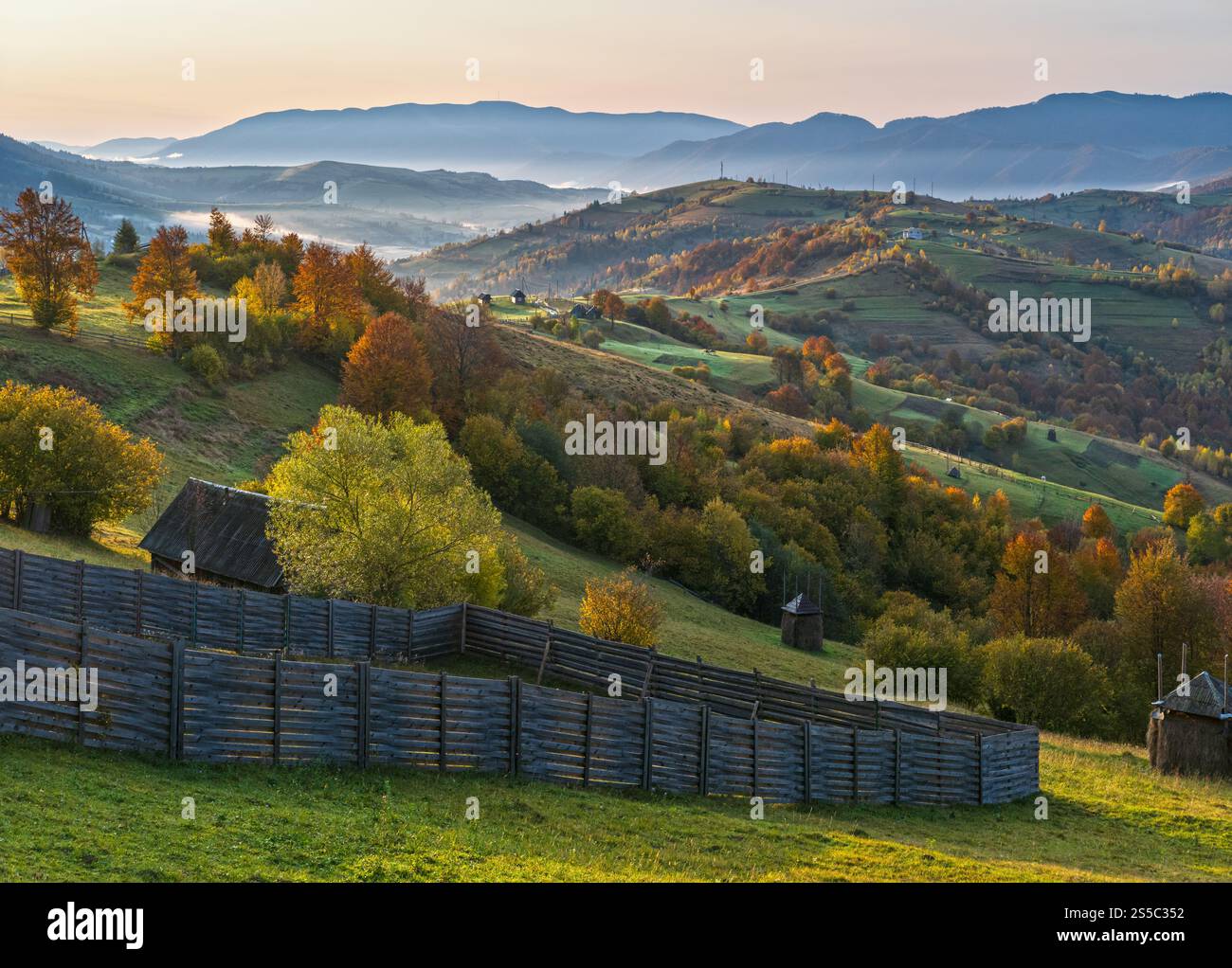 Nebelige Herbstszene am frühen Morgen. Friedliche malerische Reisen, saisonale Natur- und Landschaftsschönheiten. Karpaten Stockfoto