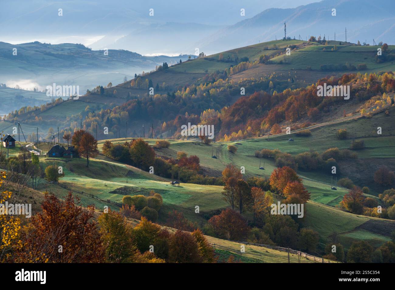 Nebelige Herbstszene am frühen Morgen. Friedliche malerische Reisen, saisonale Natur- und Landschaftsschönheiten. Karpaten Stockfoto