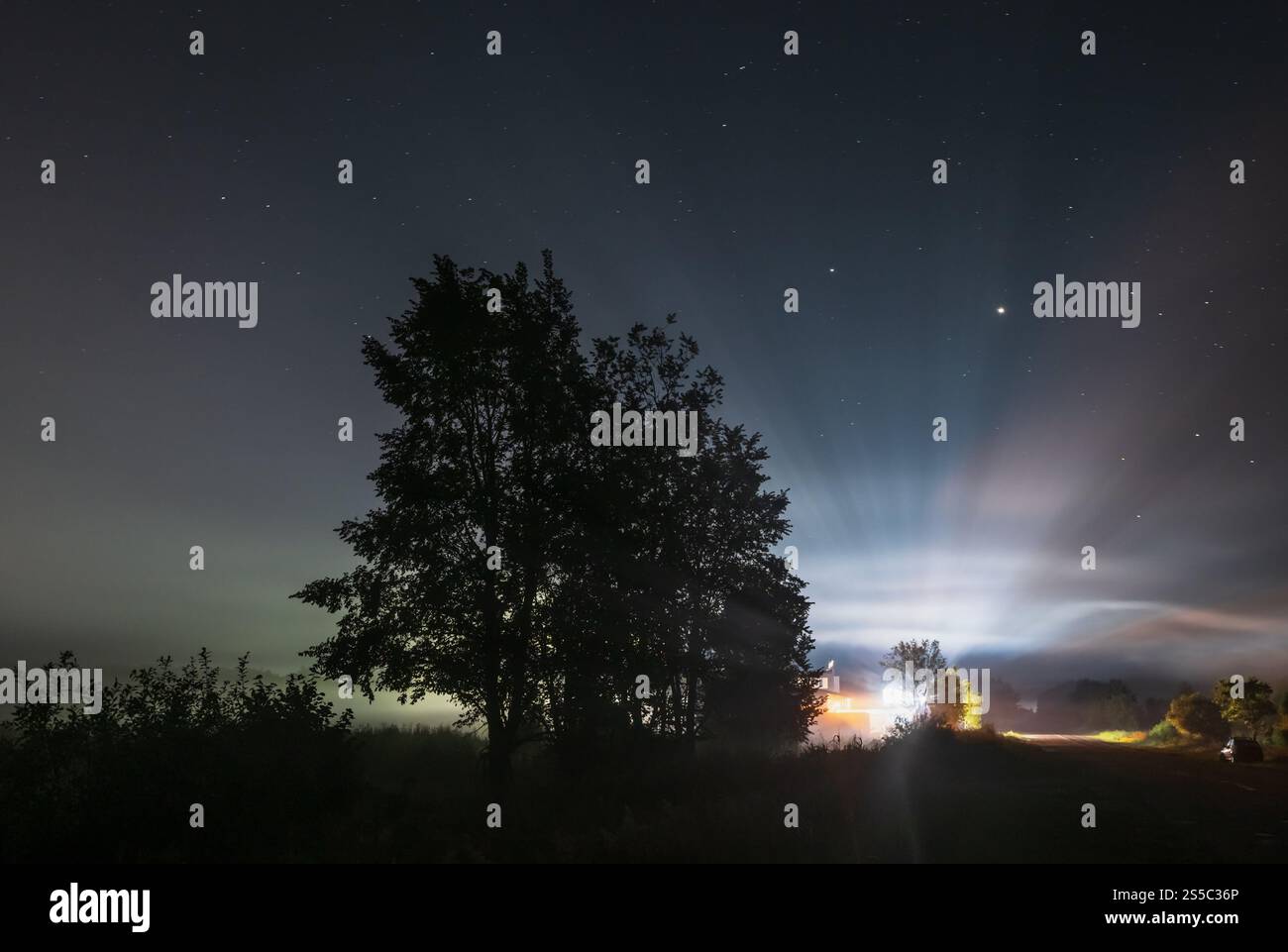 Komet Neowise C2020 F3, wie er im Sommerhimmel über einer Wiese in der Nähe der Landstraße, Region Lviv, Ukraine fliegt. Stockfoto