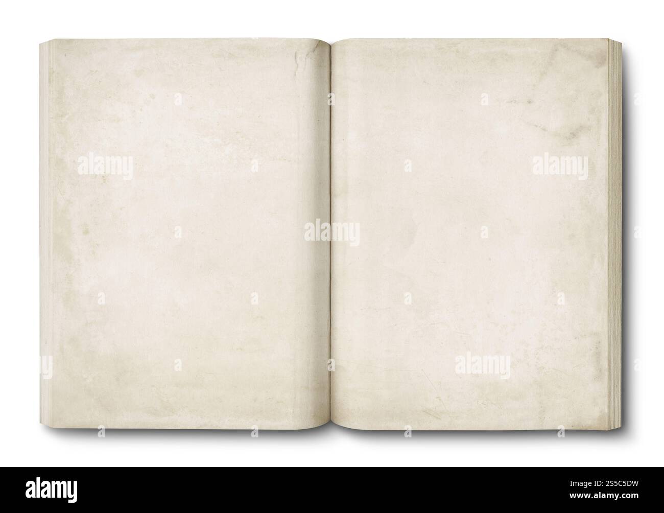 Altes beflecktes offenes Buch, isoliert auf weiß. Altes, fleckiges offenes Buch Stockfoto
