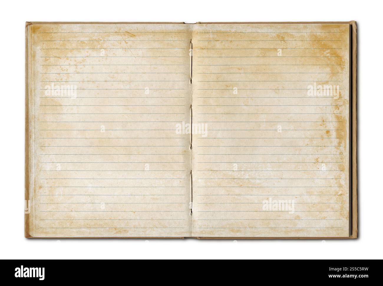 Leeres offenes Vintage-Notebook isoliert auf weiß. Leeres offenes Vintage-Notizbuch Stockfoto