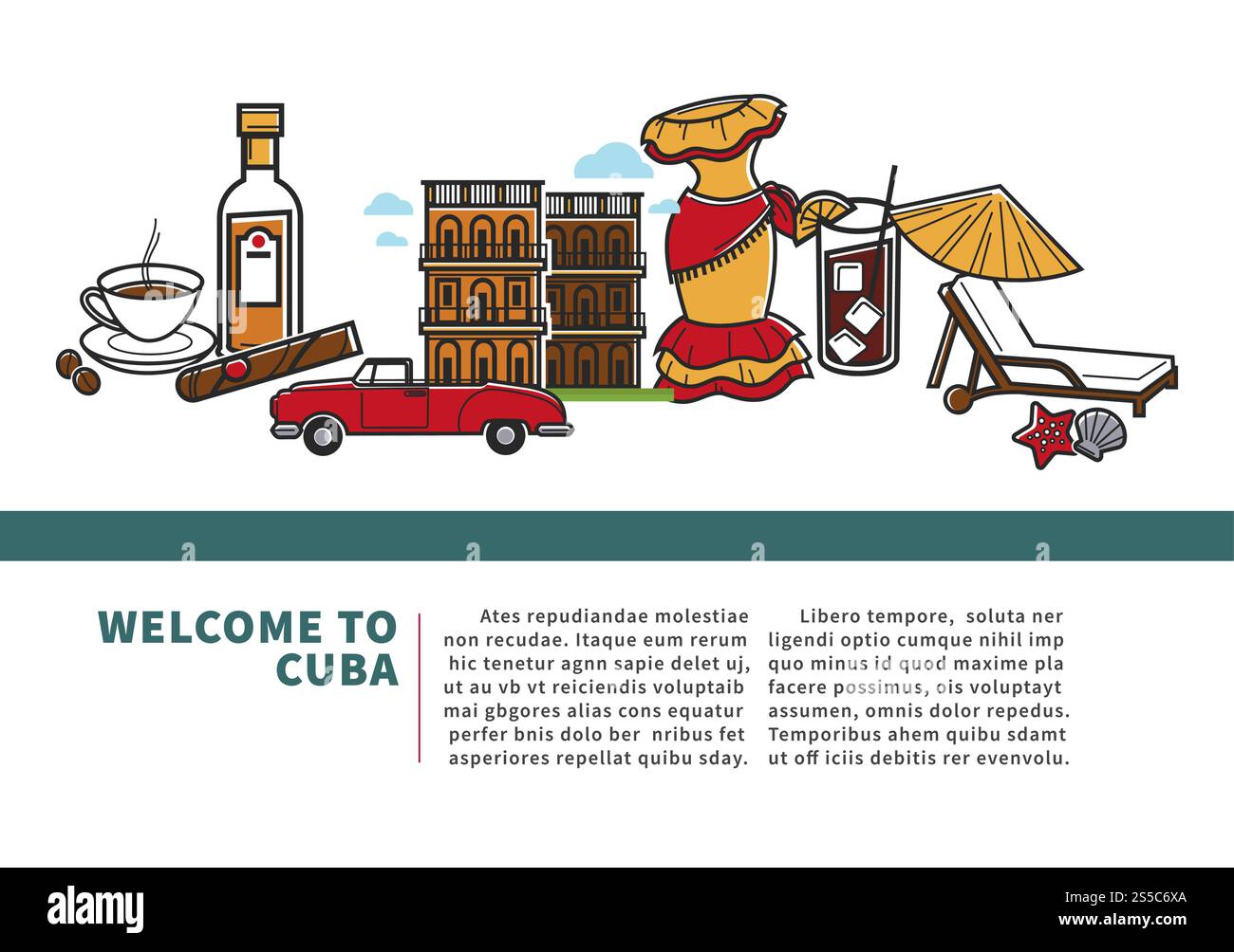 Willkommen auf Kuba Reiseposter mit berühmten Symbolen und Wahrzeichen der kubanischen Kultur und Havanna. Vektor Kuba Flagge, Zigarre oder Rum und Kaffee, Avocado oder Cocktail und Retro Auto. Willkommen bei Kuba Travel Vector Poster Stock Vektor