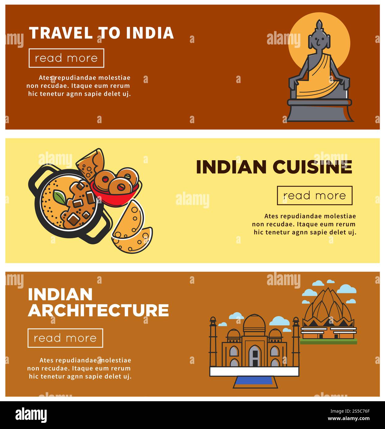 Reisen Sie nach Indien indische Küche und Architekturerbe des orientalischen Landes. Scharfe Gerichte und traditionelles Dessert mit Schokolade mit erstaunlichem Duft. Gebäudeset, Vektorillustration. Reisen Sie nach Indien indische Küche und Architektur Vektor Illustration Stock Vektor