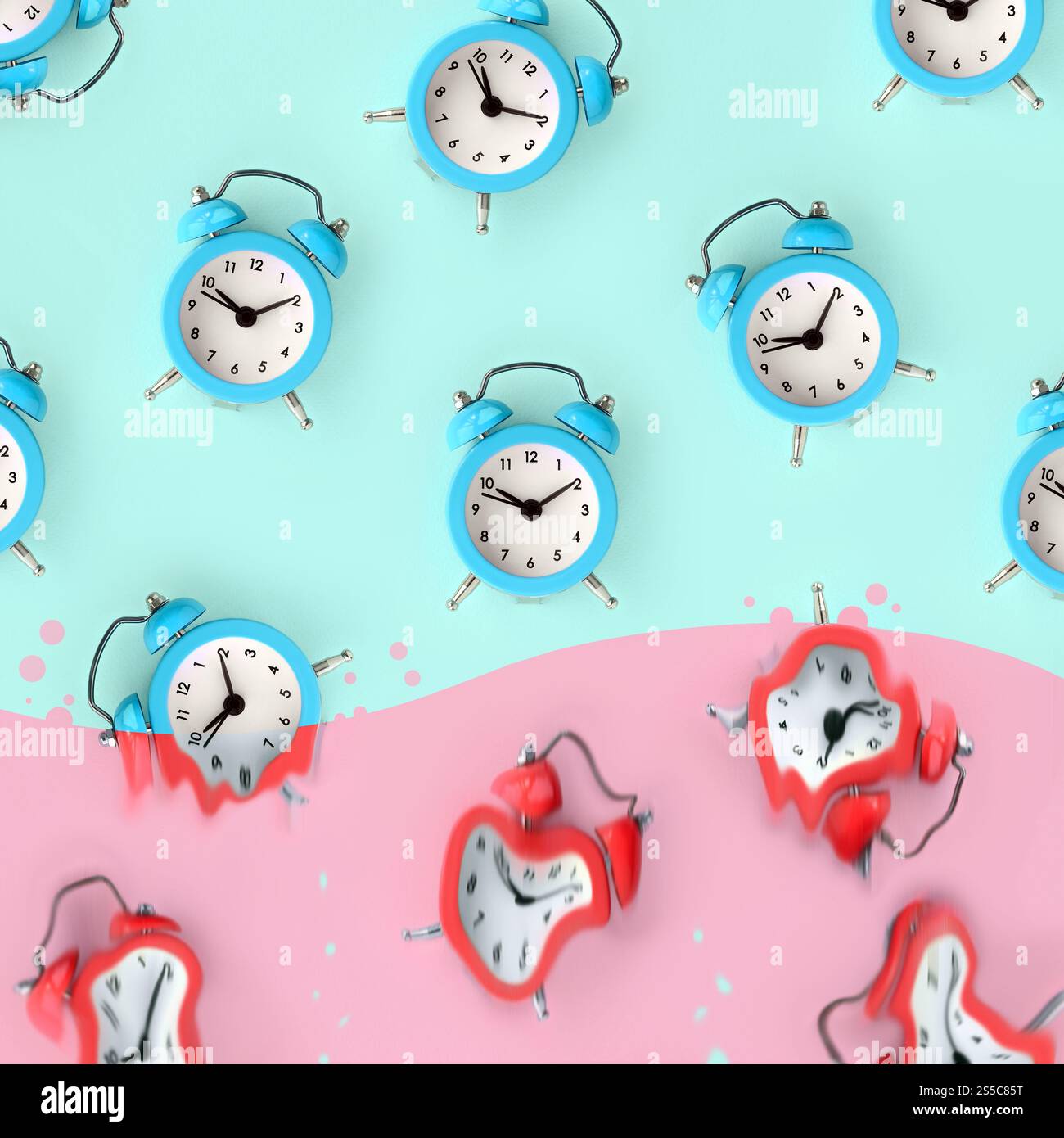 Das Konzept der Zeit läuft aus, zeigt blaue Wecker, die sich durch Schmelzen in pastellrosa flüssiger Substanz auflösen. Bild im surrealen Stil. Die Zeit ist Stockfoto