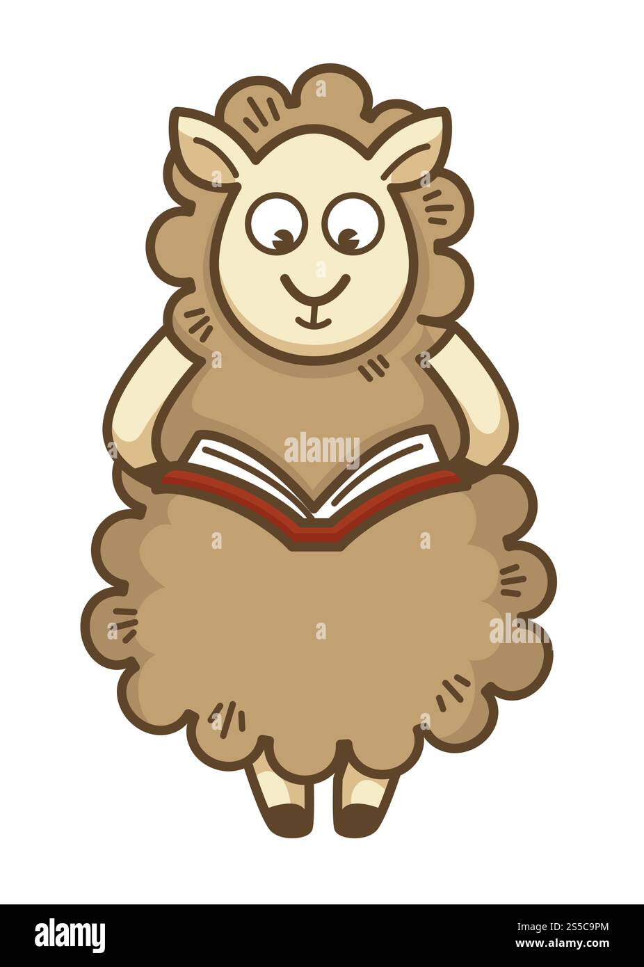 Süßes, flauschiges Schaf mit lockiger Wolle liest Buch. Haustier verbringt Zeitvertreib mit Lehrbuch, um besser ausgebildet zu sein. Kindliche Charakterstudien isolierte Karikaturvektorillustration auf weißem Hintergrund. Süßes, flauschiges Schaf mit lockiger Wolle liest Buch Stock Vektor