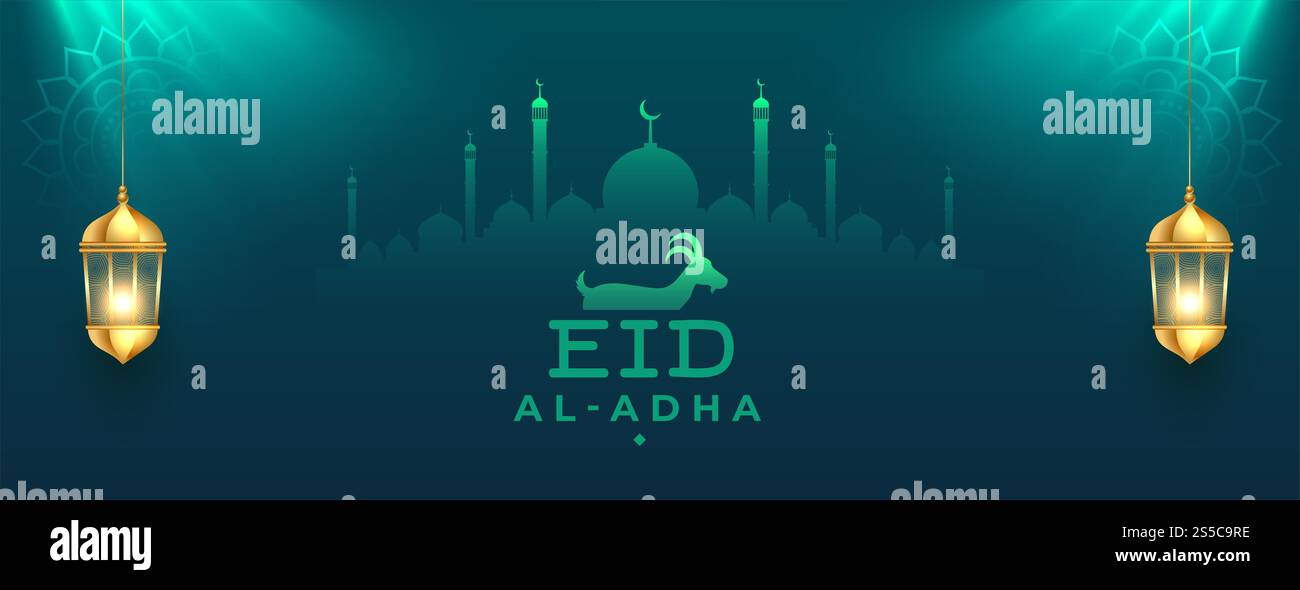 eid al adha leuchtendes Banner mit islamischer Dekoration Stockfoto