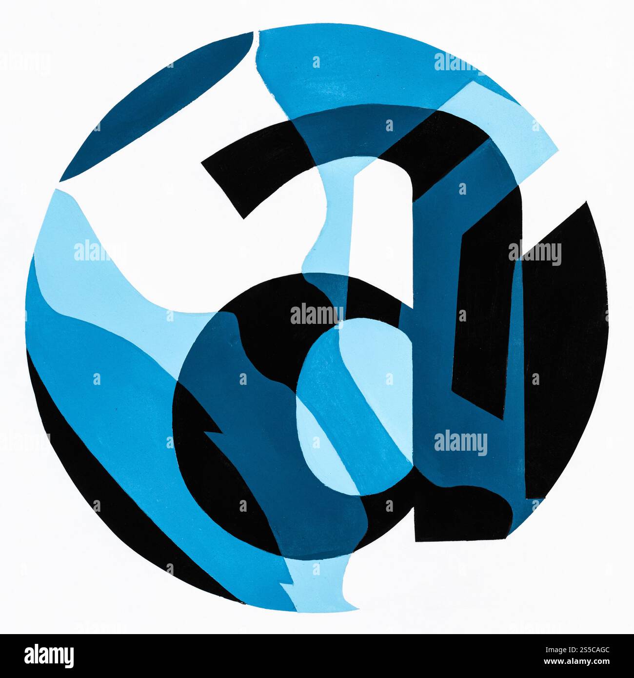 Abstrakte runde Komposition mit Buchstabe A, Zitaten, Laub und Weinglas handbemalt mit blauen und schwarzen Tempera-Farben auf weißem Papier Stockfoto