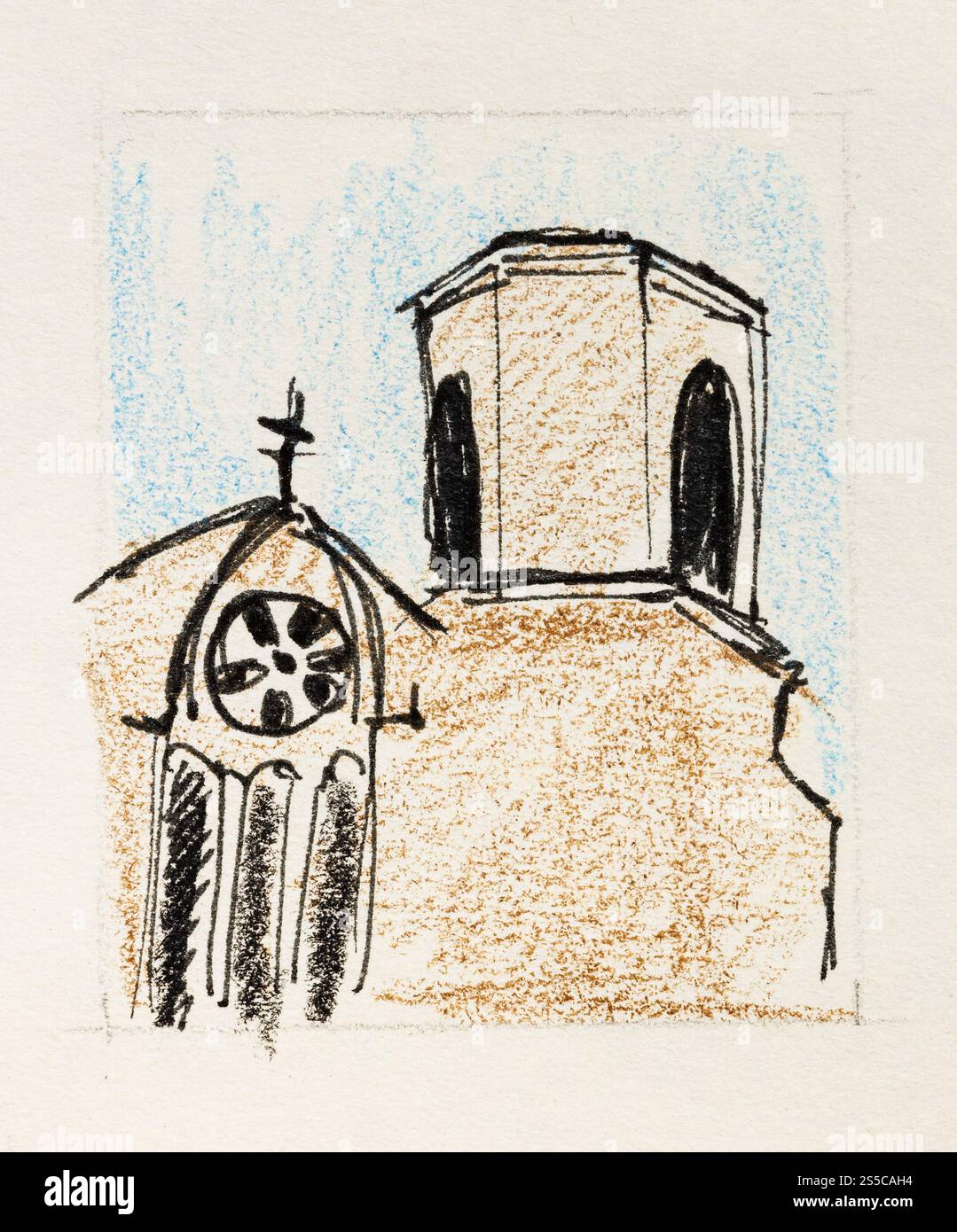 Skizze der Kathedrale in der italienischen Stadt handgezeichnet mit Farbstiften und schwarzem Stift auf altem gelbem Strukturpapier aus nächster Nähe Stockfoto