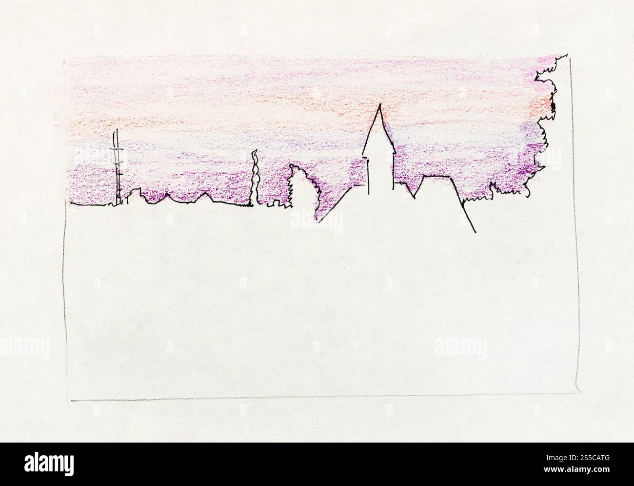 Skizzieren Sie die Skyline von Gatchina in Russland mit dem Priory Palace unter dem violetten Sonnenuntergang in handgezeichneter Form mit schwarzem Stift und Farbstiften auf altem Weiß Stockfoto Skizzieren Sie die Skyline von Gatchina in Russland mit dem Priory Palace unter dem violetten Sonnenuntergang in handgezeichneter Form mit schwarzem Stift und Farbstiften auf altem Weiß Stockfoto