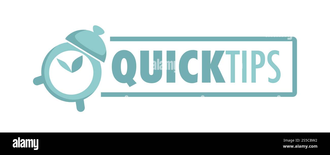 Quick Tips Logo mit Wecker und großem Schild. Online-Angebot für schnelle Beratung. Programm für Hilfeemblem mit alten Uhren. Verwenden Sie im Nu-Time-Logo mit dicker Schrift in der Frame-Vektor-Illustration. Kurzanleitung mit Wecker und großem Schild Stock Vektor