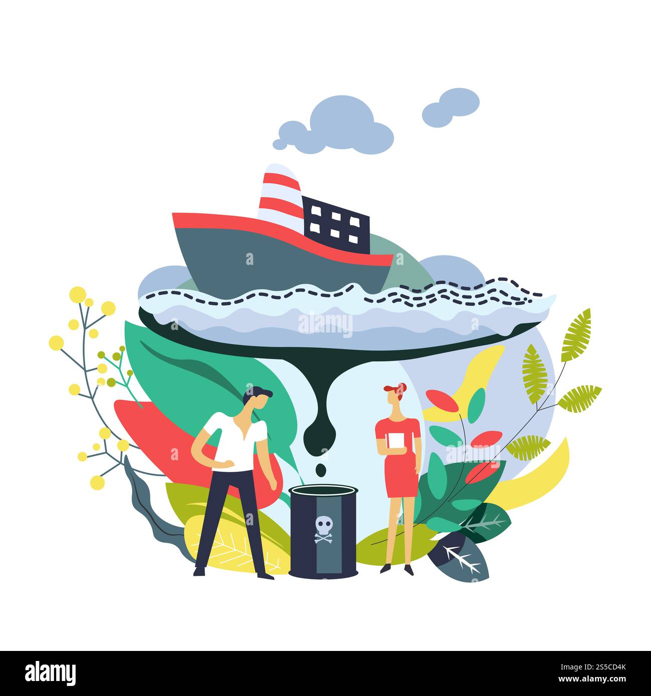 Mit Ölleckage und Behälter mit Schild Vektor versenden. Menschen, die auf Behälter mit schädlicher Natur- und Meerwasserflüssigkeit schauen. Ökologische Probleme und Planungs- und Blattäste beeinflussende Probleme. Mit Ölleckage und Behälter mit Schild Vektor versenden Stock Vektor