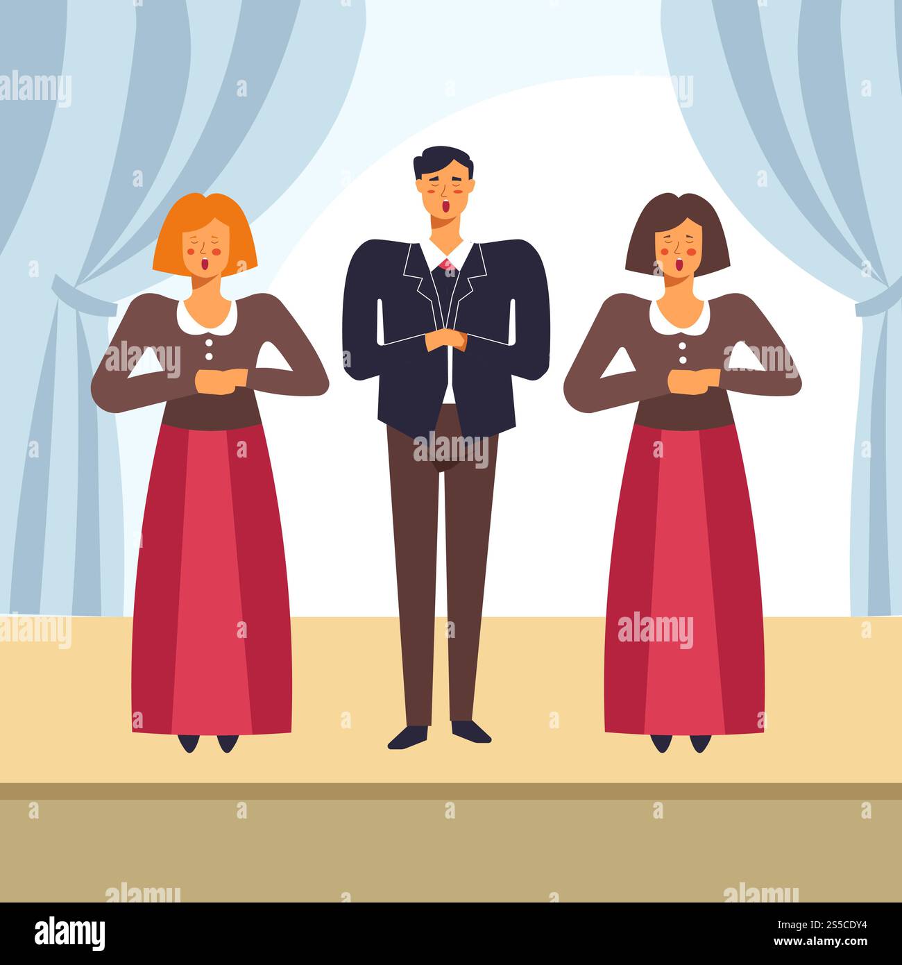 Chorgesang auf der Opernbühne oder im klassischen Konzert. Vektor-Mann und -Frau Sängerinnen in Kostümen auf Theater Vorhänge Hintergrund. Chorleute singen auf der Bühne der Vektoroper Stock Vektor