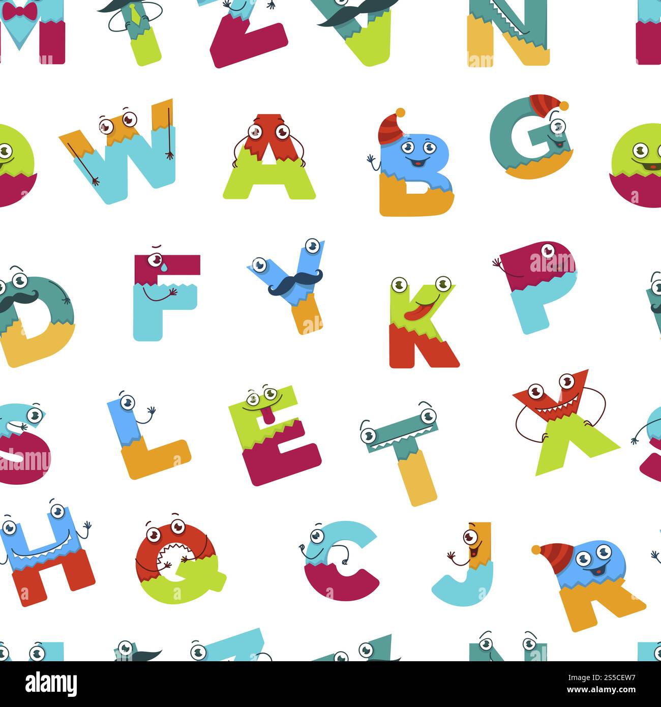 Alphabetische Zeichen für Kinder, um nahtlose Mustervektor zu lernen. Briefe mit Händen und Augen, Gesichter der bauchmuskulatur zum schnellen Lernen und Einprägen. Bildung und Sprachstudium, kindlicher Stil. Alphabetische Zeichen für Kinder, um Vektor zu lernen Stock Vektor