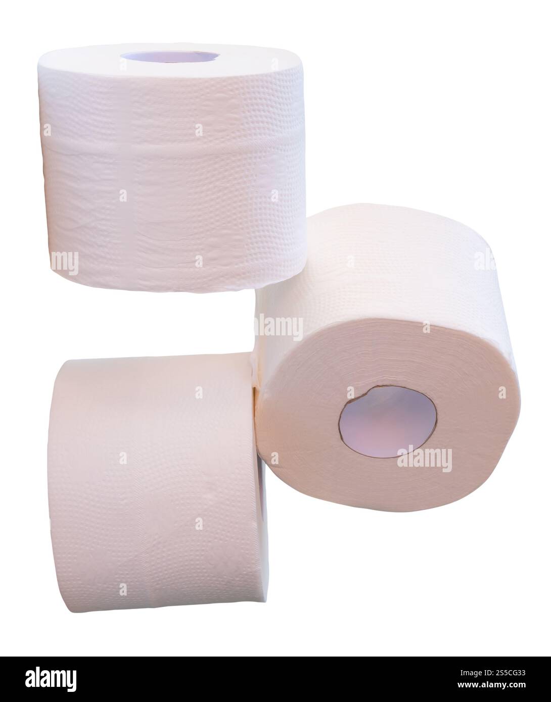 Drei Rollen weißes Tissue- oder Toilettenpapier sind auf weißem Hintergrund mit Schneidepfad isoliert. Stockfoto
