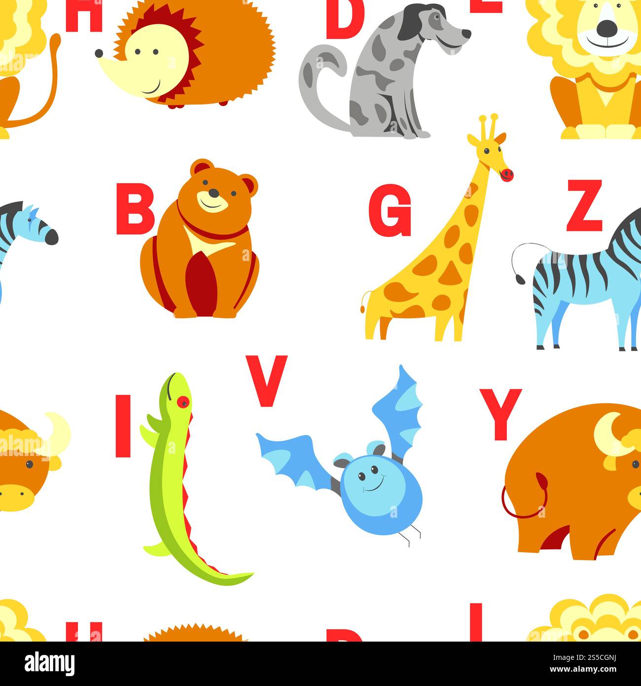 Alphabettiere und Buchstaben Untersuchungsmaterial für Kindervektor. U für Einhorn, Hund und Igel, Maus und Katze, Fisch und Schildkröte, Schnecke und Alligator. Nahtloses Muster mit abc für kleine Kinder zum Lernen. Alphabettiere und Buchstaben Untersuchungsmaterial für Kindervektor. Stock Vektor