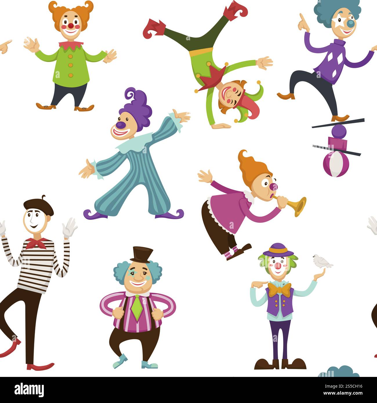 Clown und Mime unterhalten Menschen nahtlose Muster Vektor. Unterhaltung bei Festveranstaltungen und Feiertagen. Person mit Make-up trägt Kostüm, spielt Trompete, Ballspiele und Balancetrick. Clown und Mime unterhalten Menschen nahtlose Muster Vektor. Stock Vektor