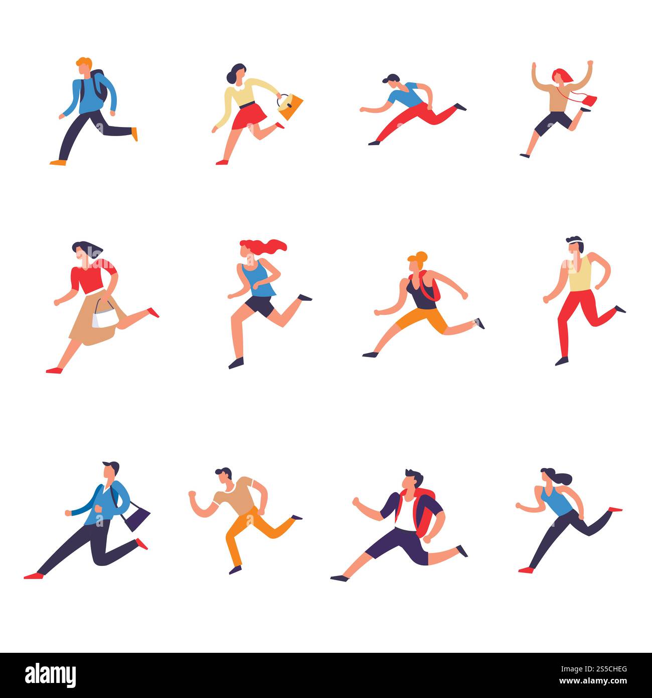 Menschen, Männer und Frauen, die vorwärts laufen, setzen Vektor. Arbeiter, die mit der Arbeit beschäftigt sind, beeilen sich und verspäten sich für etwas. Frau mit Handtasche in den Händen, Mann mit Rucksack, Person, die versucht, rechtzeitig zu sein. Menschen, Männer und Frauen, die vorwärts laufen, setzen Vektor Stock Vektor