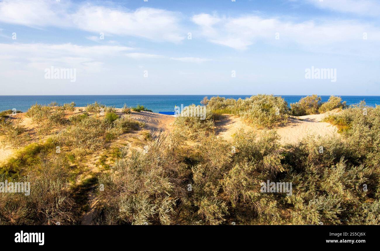 Wunderschöne Naturdünen mit Sand vor der Kulisse des Meeres und des Himmels mit Wolken am Horizont, Sommerurlaub Stockfoto