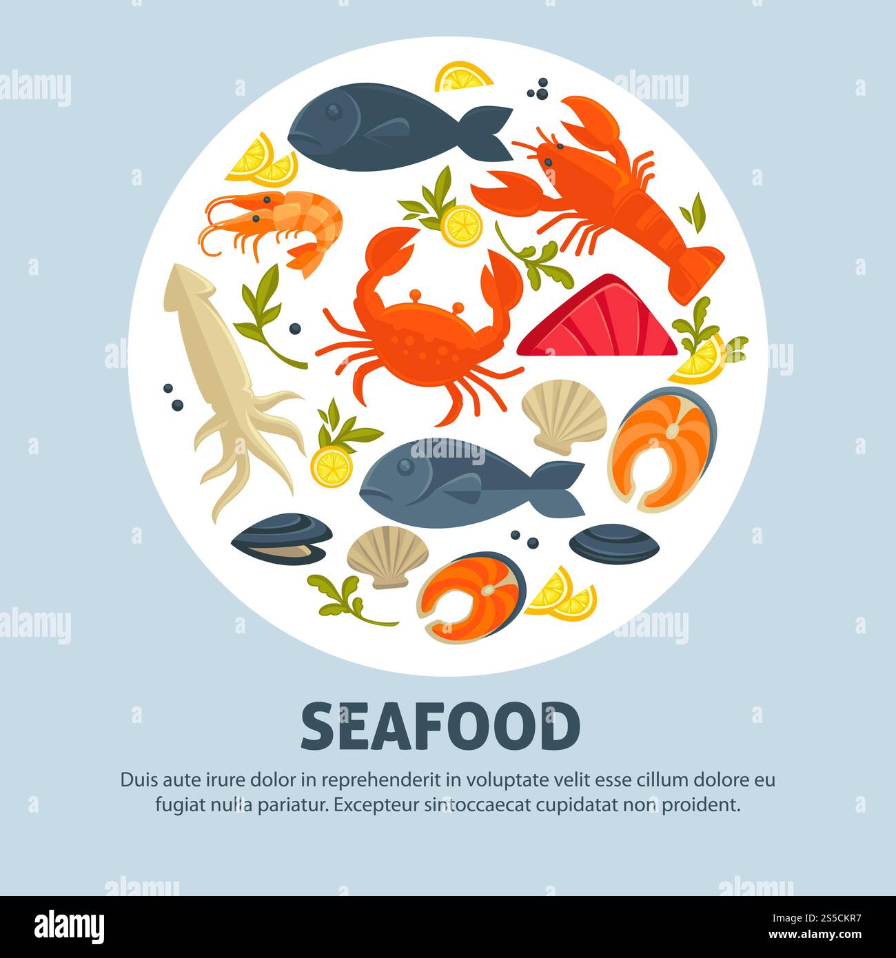 Promo-Banner für Meeresfrüchte mit köstlichem exquisitem Essen. Meereskrabbe, großer Hummer, zarter Lachs, exotische Tintenfische, kleine Muscheln und Königsgarnelen im Kreis isolierte Karikaturvektorillustration. Promo-Banner für Meeresfrüchte mit köstlichem exquisitem Essen Stock Vektor