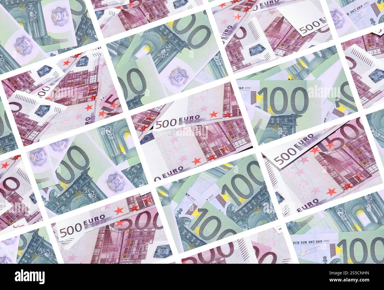 Eine Collage aus vielen Bildern von Hunderte von Dollar und Euro Rechnungen in einem Haufen Lügen Stockfoto