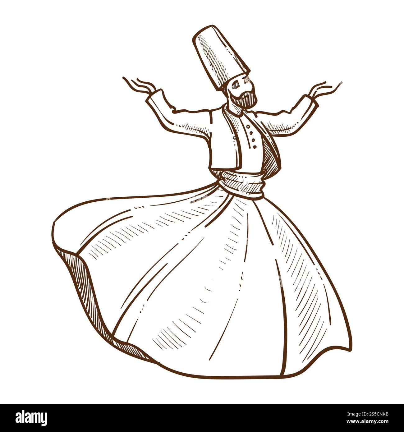 Traditionelle türkische Derwischtänze monochrome Skizzen. Ein Mann trägt ein Kostüm aus Kleid und Jacke, einen hohen Hut. Männliche wirbelnde Hände nach oben geben Leistung isoliert auf Vektorillustration. Traditionelle türkische Derwische tanzt monochrome Skizze Vektor Illustration Stock Vektor