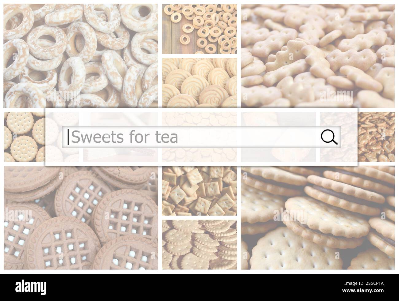 Visualisierung der Suchleiste auf dem Hintergrund einer Collage von vielen Bildern mit verschiedenen Spezialitäten. Süßigkeiten für Kaffee Stockfoto