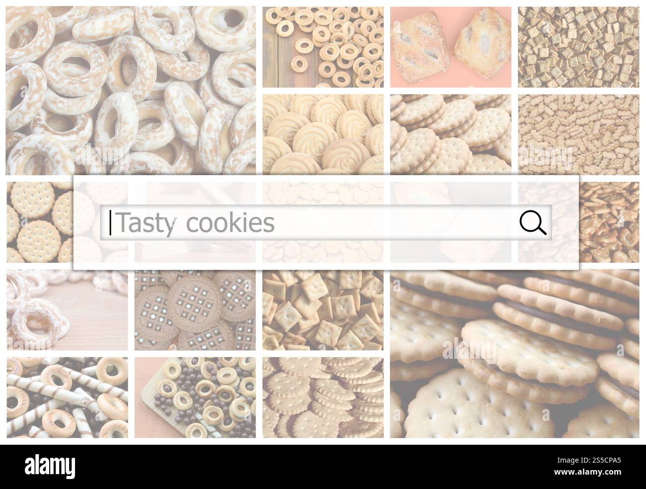 Visualisierung der Suchleiste auf dem Hintergrund einer Collage von vielen Bildern mit verschiedenen Spezialitäten. Leckere Cookies Stockfoto