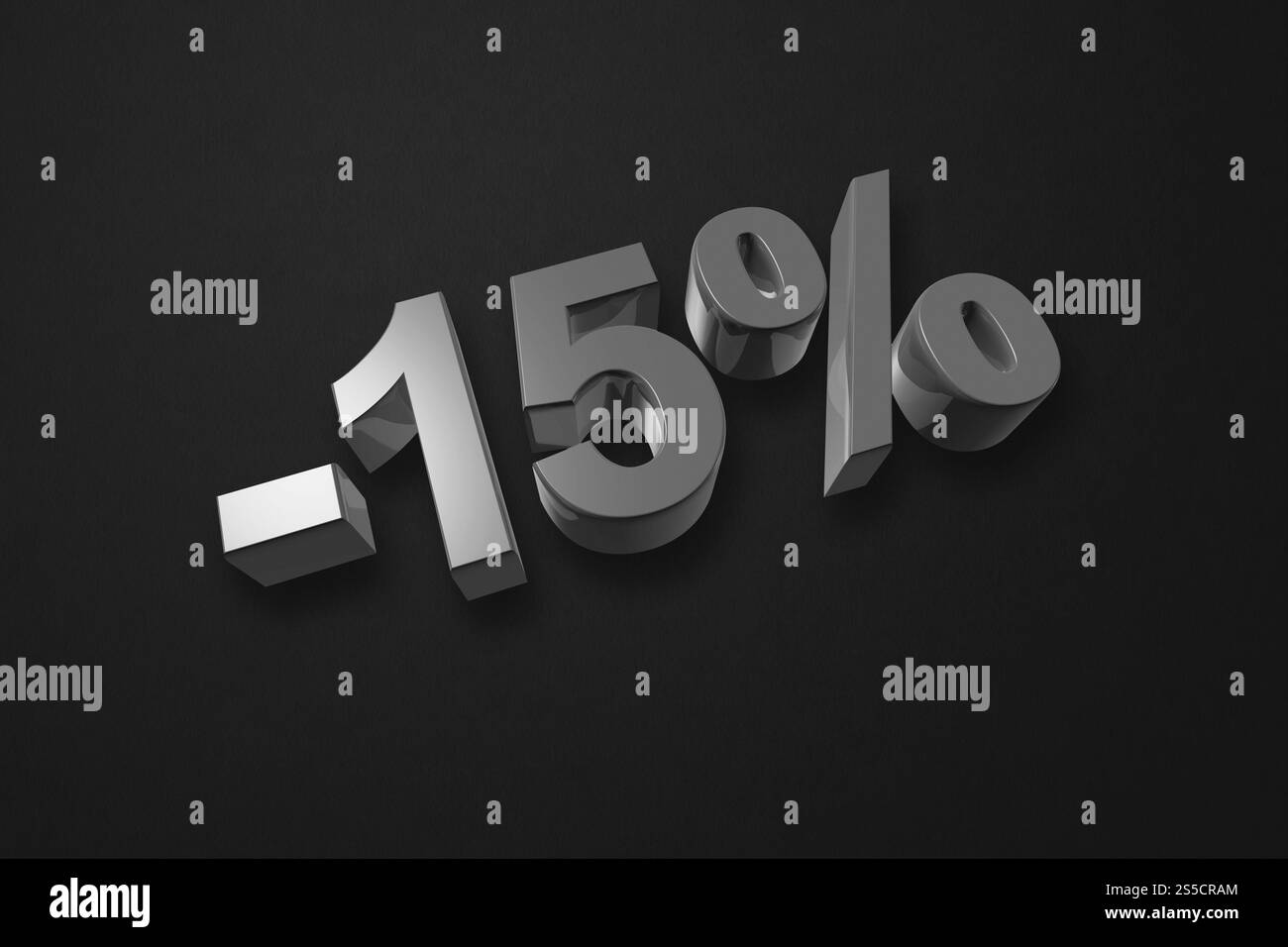 15 % Rabatt. Angebotsangebot. 3D-Abbildung isoliert auf Schwarz. Aktionspreis. 15 % Rabatt. 3D-Abbildung isoliert auf Schwarz. Stockfoto