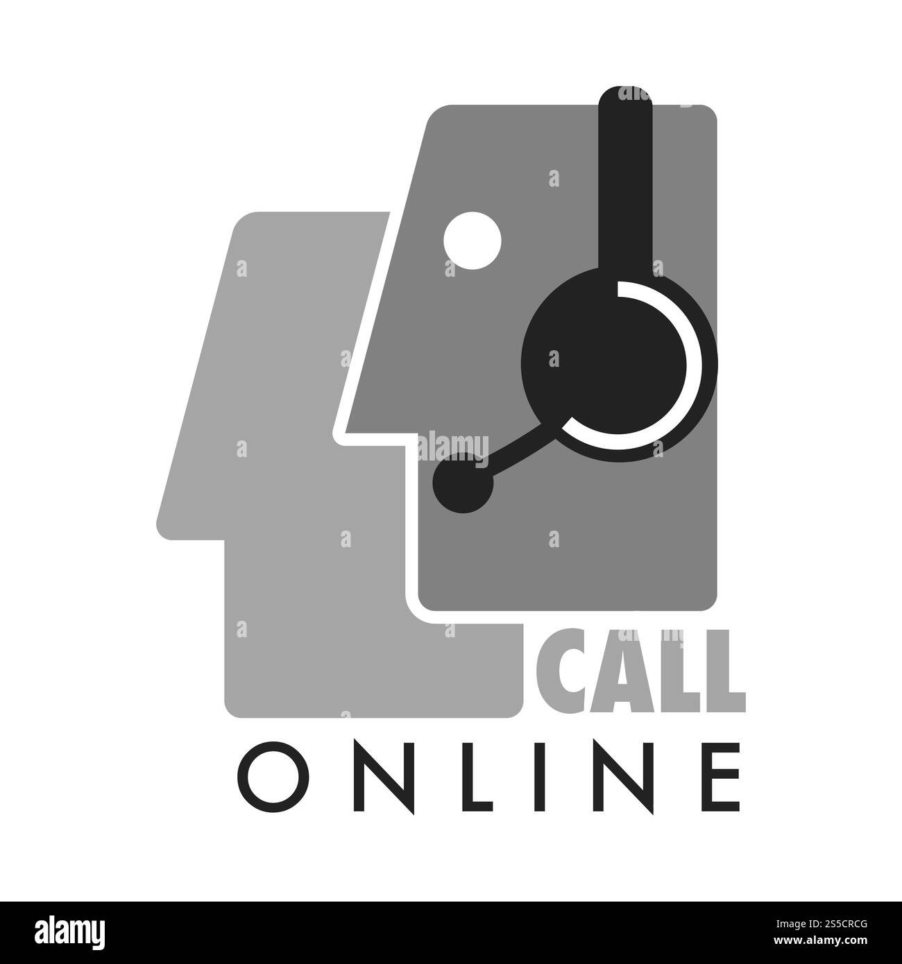 Rufen Sie den Online-Service an, ein monochromes Logo mit einem man-Profil im Headset. Männliches Gesicht in Kopfhörern auf Werbeemblem isolierte Zeichentrick flache Vektor-Illustration auf weißem Hintergrund. Rufen Sie den Online-Service an, ein monochromes Logo mit Mann im Headset Stock Vektor