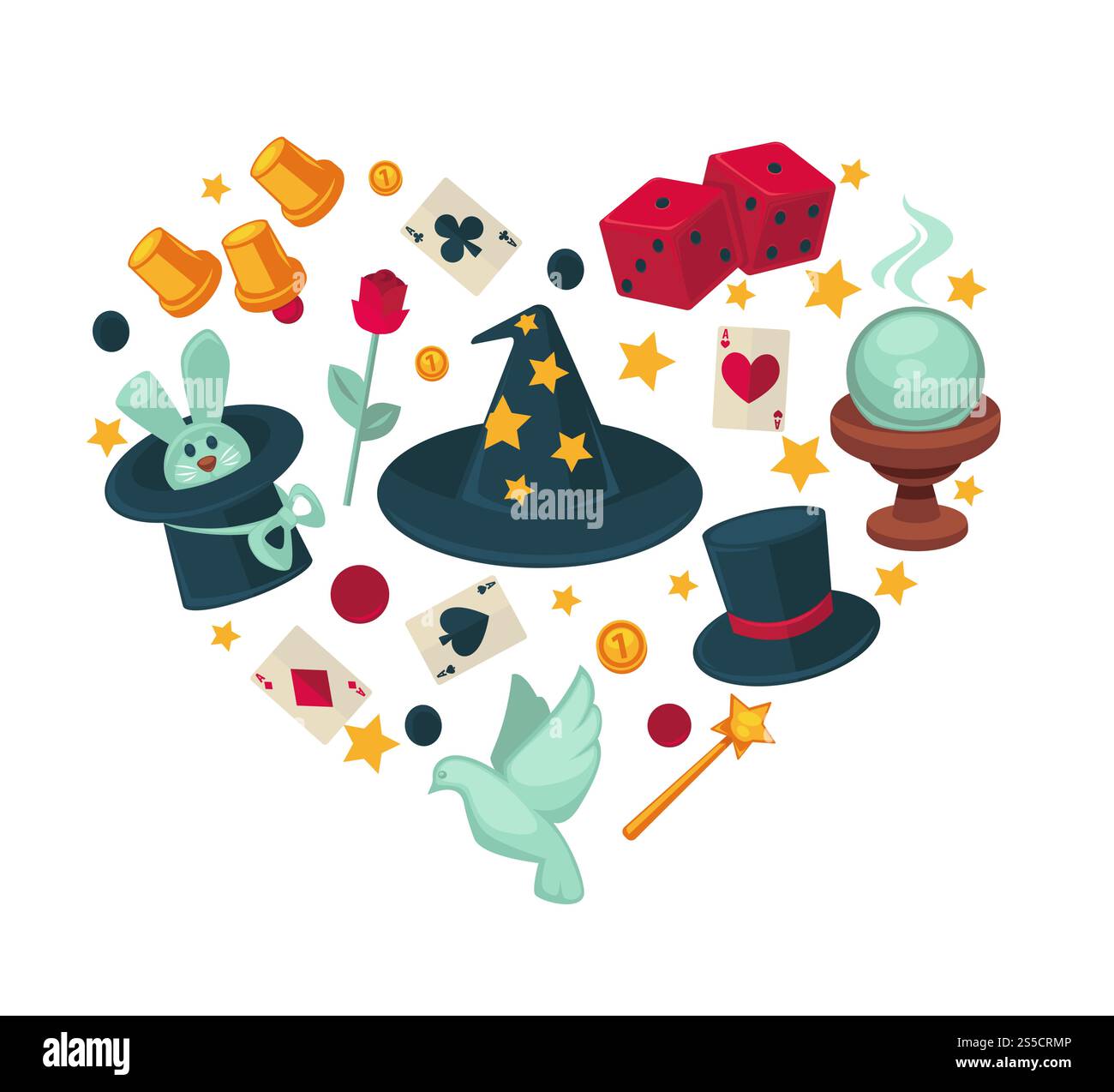 Ausrüstung für Zaubershow in Herzform. Kegel Zauberhut, klassischer Zylinder, weiße Taube, süßes Kaninchen, mysteriöser Ball, rote Würfel, Spielkarten, aromatische Rose und Pappbecher Vektor-Illustrationen.. Ausrüstung für magische Show in grosser Herzform Stock Vektor