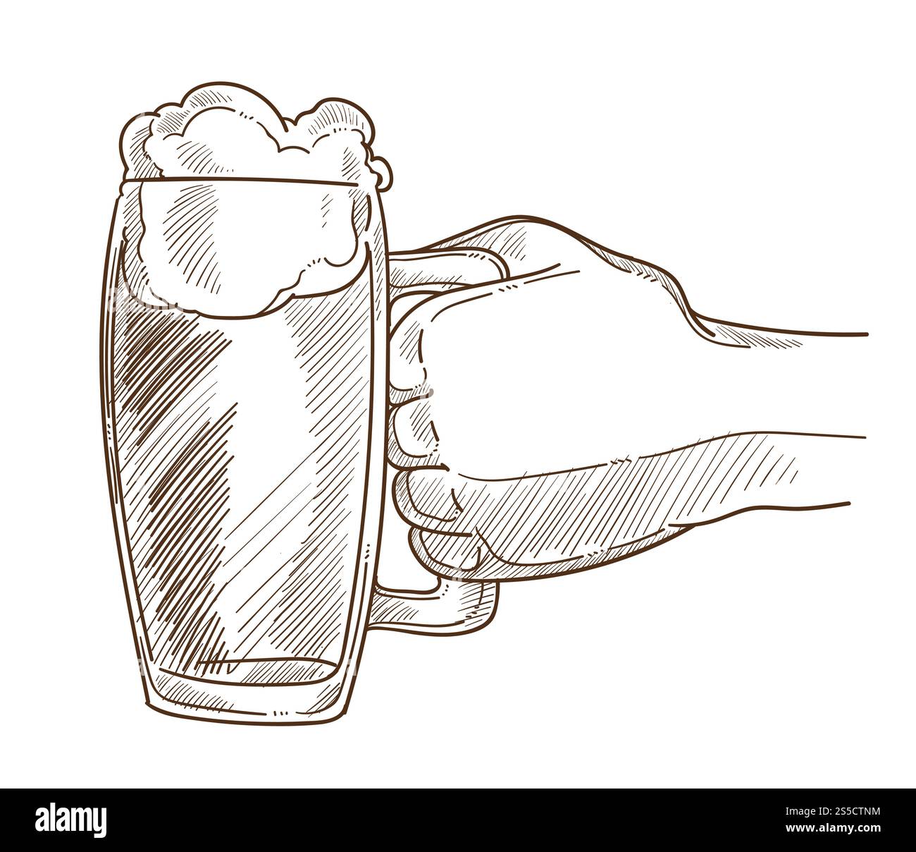 Großer Becher mit dickem Schaum auf der männlichen Hand. Mans Palme hält Glas voll von niedrigem Alkoholgetränk mit bequemem Griff isolierte Karikatur flache monochrome Vektor-Illustration auf weißem Hintergrund. Großer Becher mit Schaum in männlicher Hand Stock Vektor