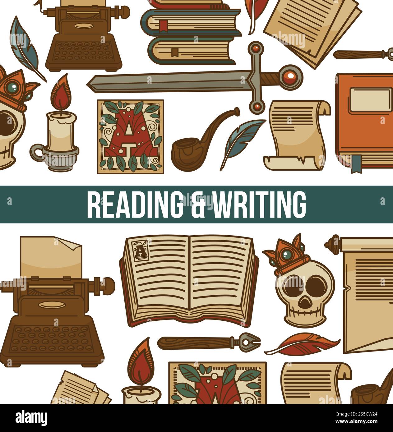 Lese- und Schreibplakat mit Büchern. Vintage-Retro-Set mit gedruckten Publikationen alter Zeiten. Menschlicher Schädel mit königlicher Krone, Seiten mit Manuskripten und Kerze mit Lichtvektorillustration. Lesen und Schreiben Poster mit Büchern Vektorillustration Stock Vektor