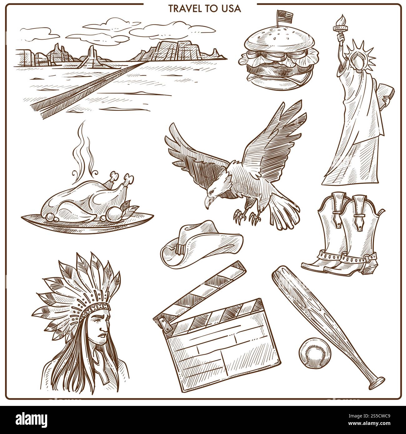 USA Amerika Reise skizzieren Wahrzeichen und Kultursymbole. Vector American Colorado Wüste, New York Liberty Statue oder Baseball und Burger oder Thanksgiving türkei und Apache Indians. USA Amerika Reise Vektor-Skizzensymbole Stock Vektor