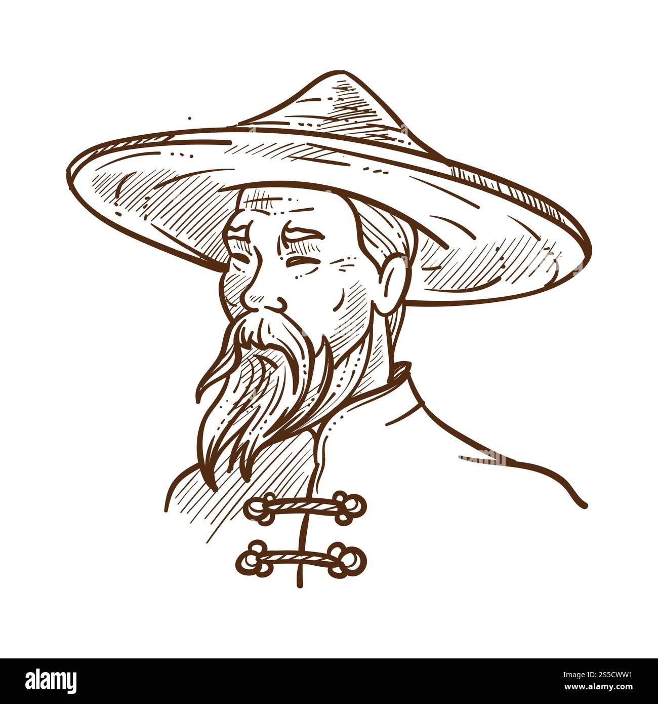 Chinesischer Mann mit orientalischer traditioneller Kleidung monochromer Skizzenumriss. Ein alter Mann mit Hut, der den Kopf vor Sonnenschein schützt. Handgezeichneter Mensch östlicher Nationalität, Vektorillustration. Chinesischer Mann, der traditionelle Kleidung trägt monochrome Skizze Vektor-Illustration Stock Vektor