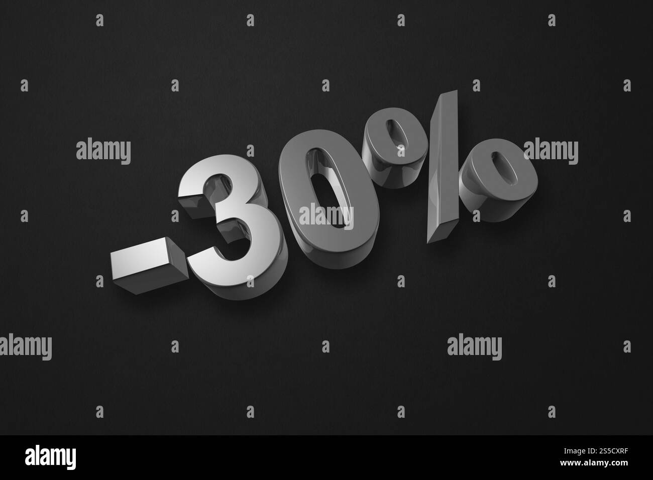 30 % Rabatt. Angebotsangebot. 3D-Abbildung isoliert auf Schwarz. Aktionspreis. 30 % Rabatt. 3D-Abbildung isoliert auf Schwarz. Stockfoto