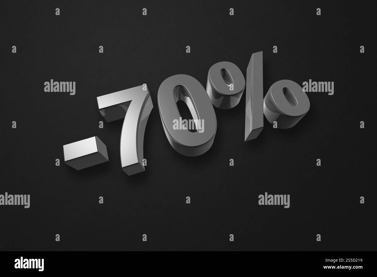 70 % Rabatt. Angebotsangebot. 3D-Abbildung isoliert auf Schwarz. Aktionspreis. 70 % Rabatt. 3D-Abbildung isoliert auf Schwarz. Stockfoto