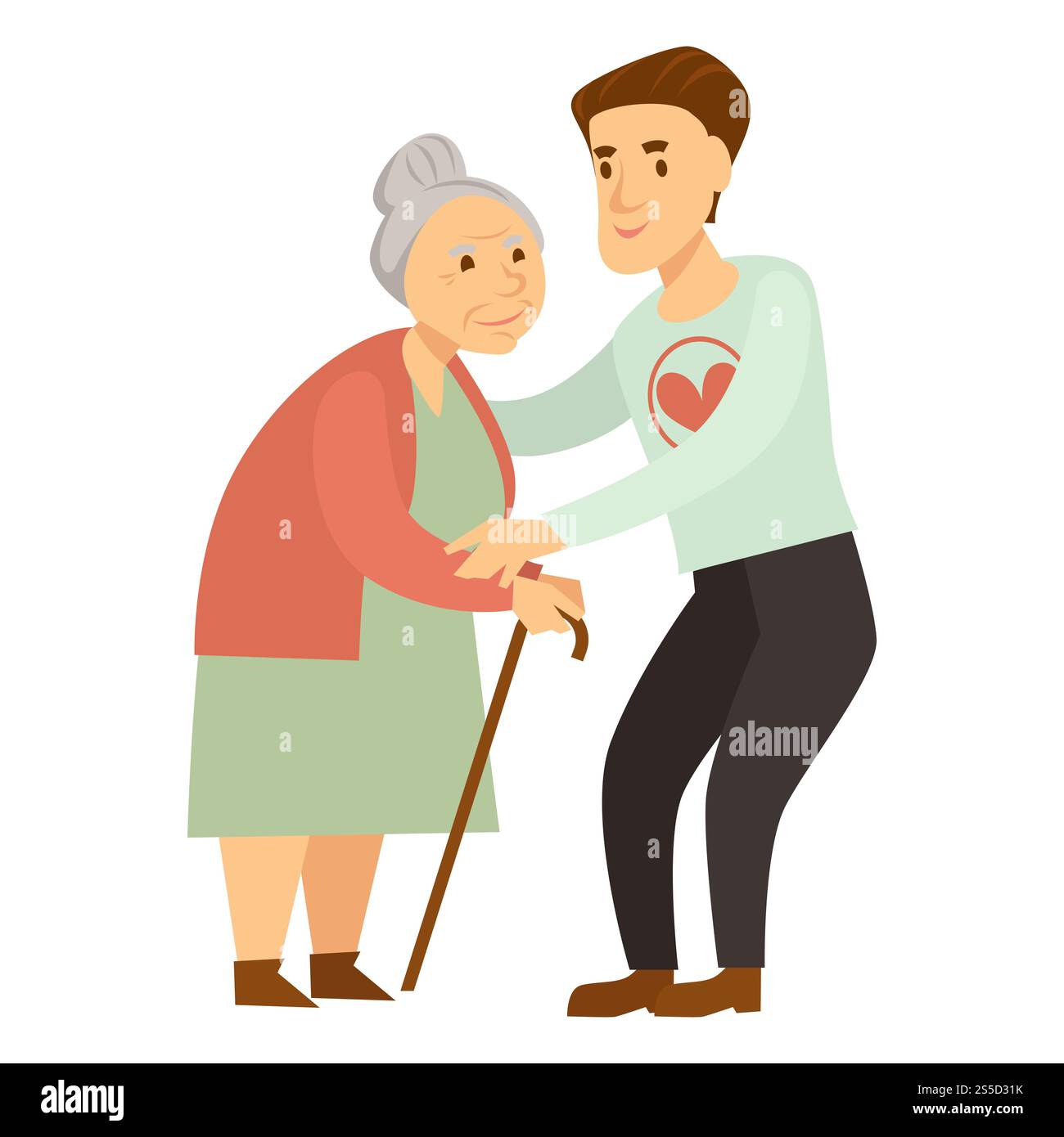 Ein netter männlicher Freiwilliger hilft der alten Dame mit Stock. Junger Mann im Pullover mit Herz hilft ältere Frau mit grauem Haar, die kaum isoliert Karikatur flache Vektor-Illustration auf weißem Hintergrund bewegt. Ein netter männlicher Freiwilliger hilft der alten Dame mit Stock Stock Vektor