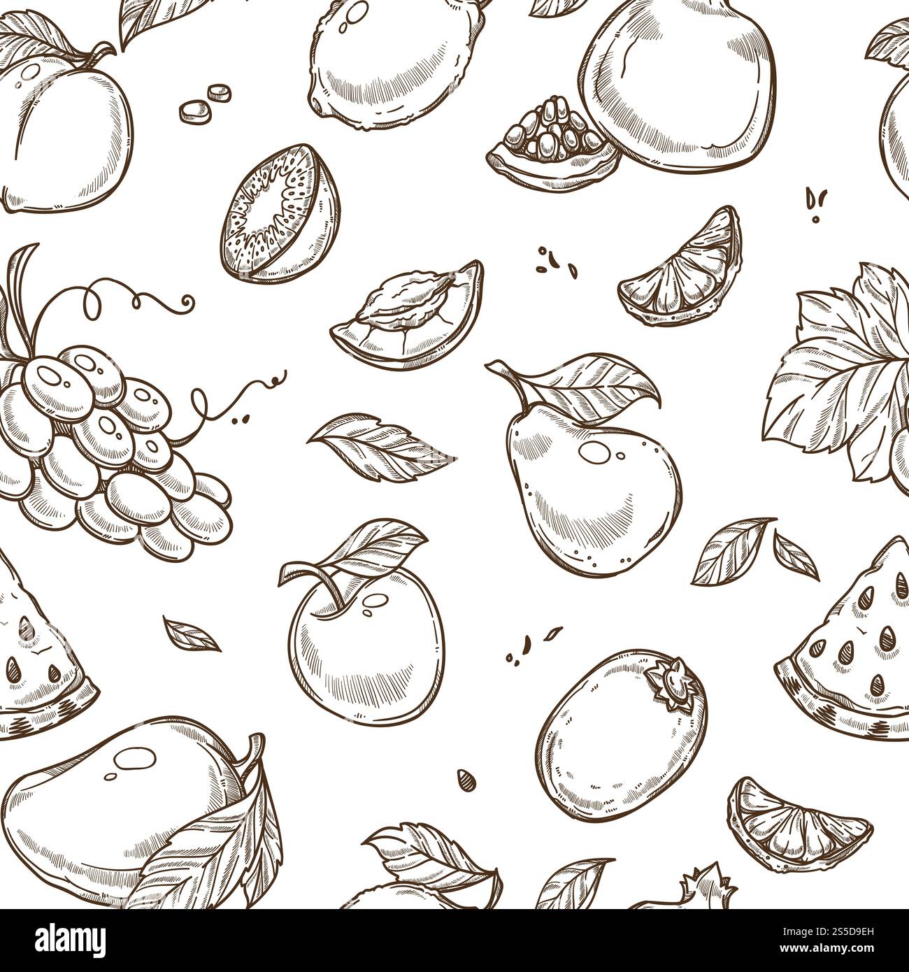 Hintergrund des Skizziermusters „Früchte“. Vektor nahtloses Design von Apfel, tropischer Mango und exotischer Papaya oder Traube und Kiwi mit Zitrone oder Granat und Orange. Hintergrund des Skizziermusters „Früchte“. Nahtloses Vektordesign Stock Vektor