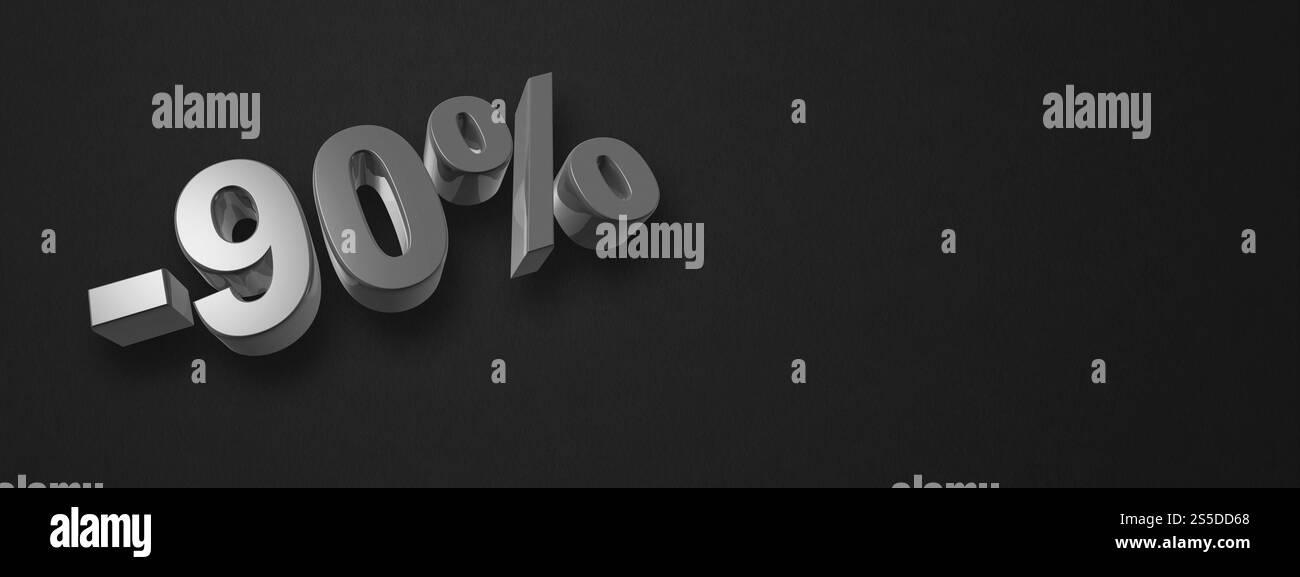 90 % Rabatt. Angebotsangebot. 3D-Abbildung isoliert auf Schwarz. Horizontales Banner. 90 % Rabatt. 3D-Abbildung isoliert auf Schwarz. Stockfoto