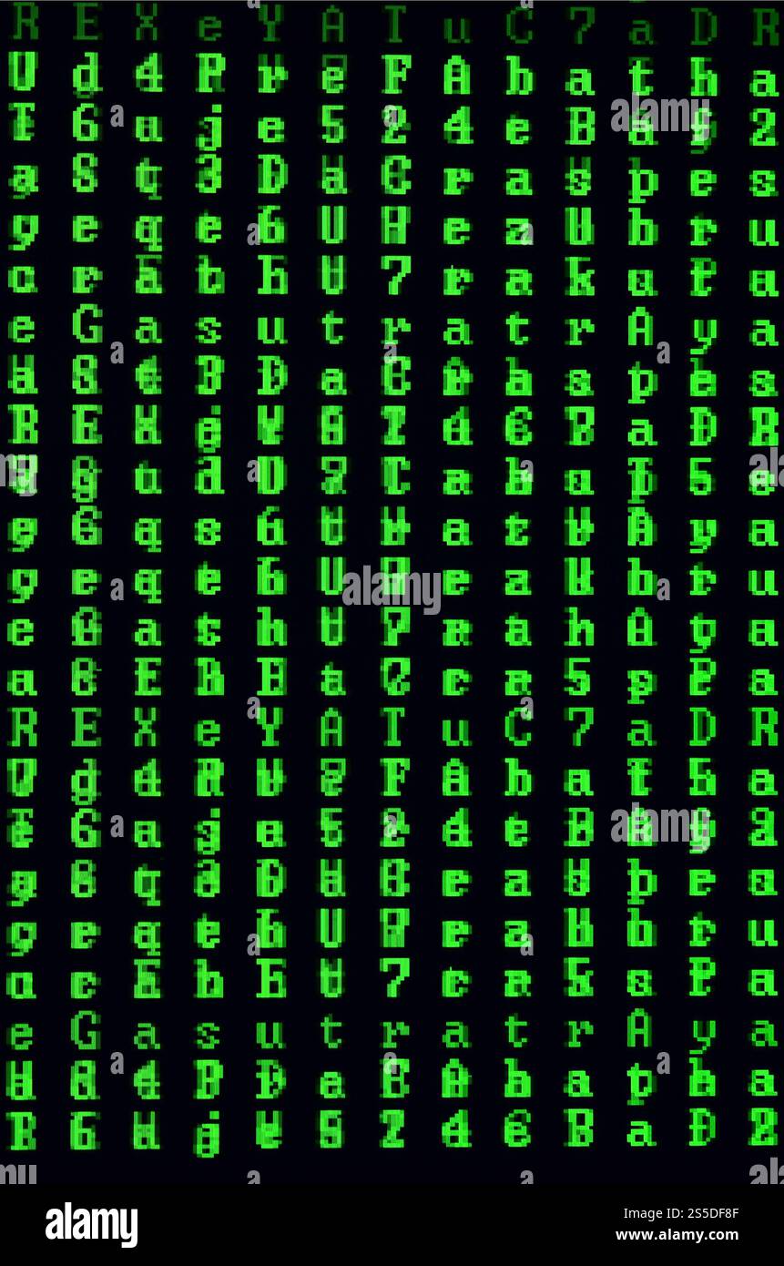 Makroaufnahme einer Störung auf dem Monitor eines Bürocomputers. Das Konzept der Einschleppung eines Virus in einen Inhaber personenbezogener Daten. Stream von zufälligem Grün Stockfoto