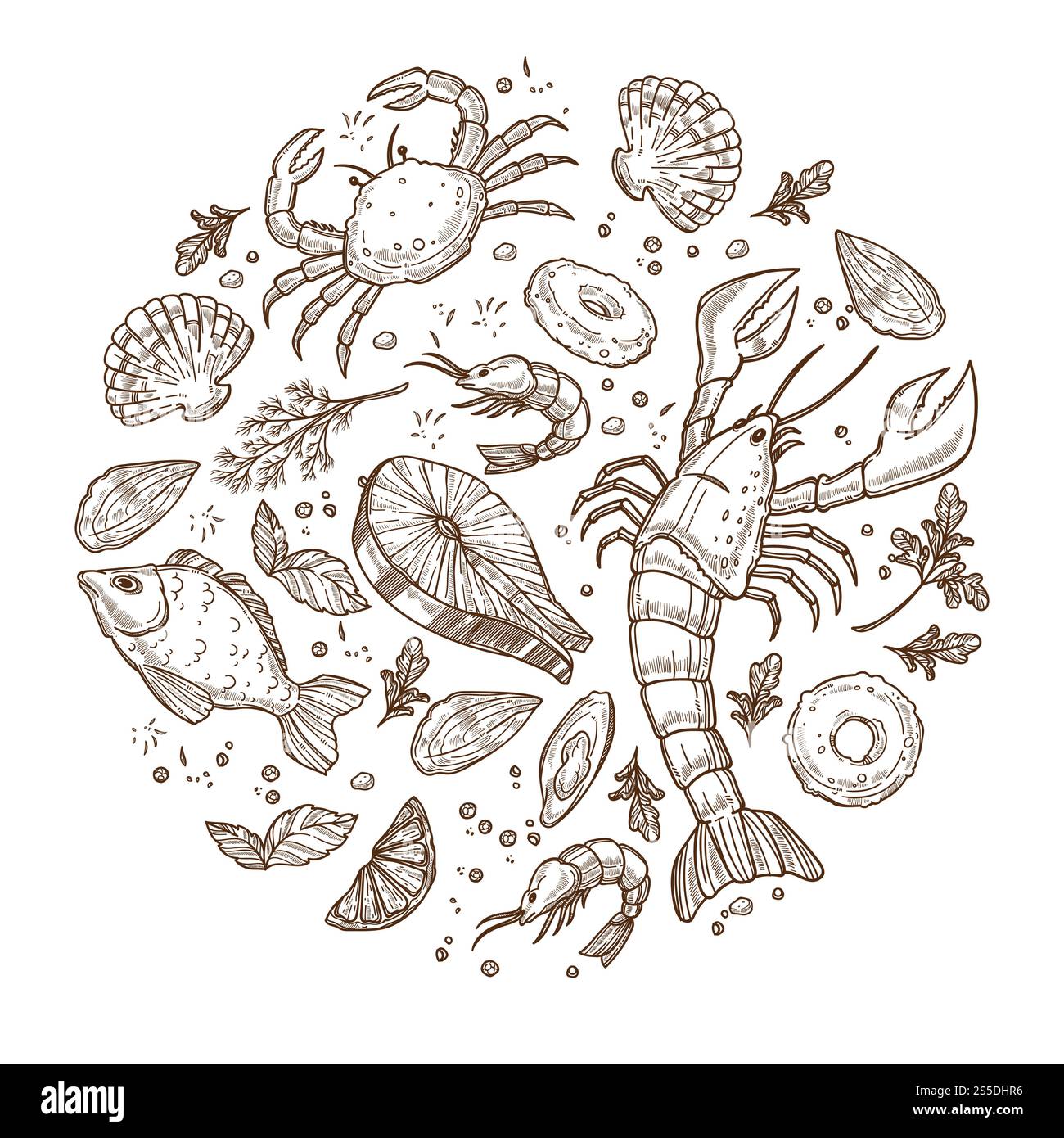 Köstliche und exotische Meeresfrüchte in kreisförmigen monochromen Skizzen. Meereskrabbe, riesiger Hummer, leckerer Lachs, Königsgarnelen, kleine Muscheln, Zitronenscheiben und Grün isolierte Zeichentrick-flache Vektor-Illustration. Köstliche und exotische Meeresfrüchte in kreisförmigen monochromen Skizzen Stock Vektor