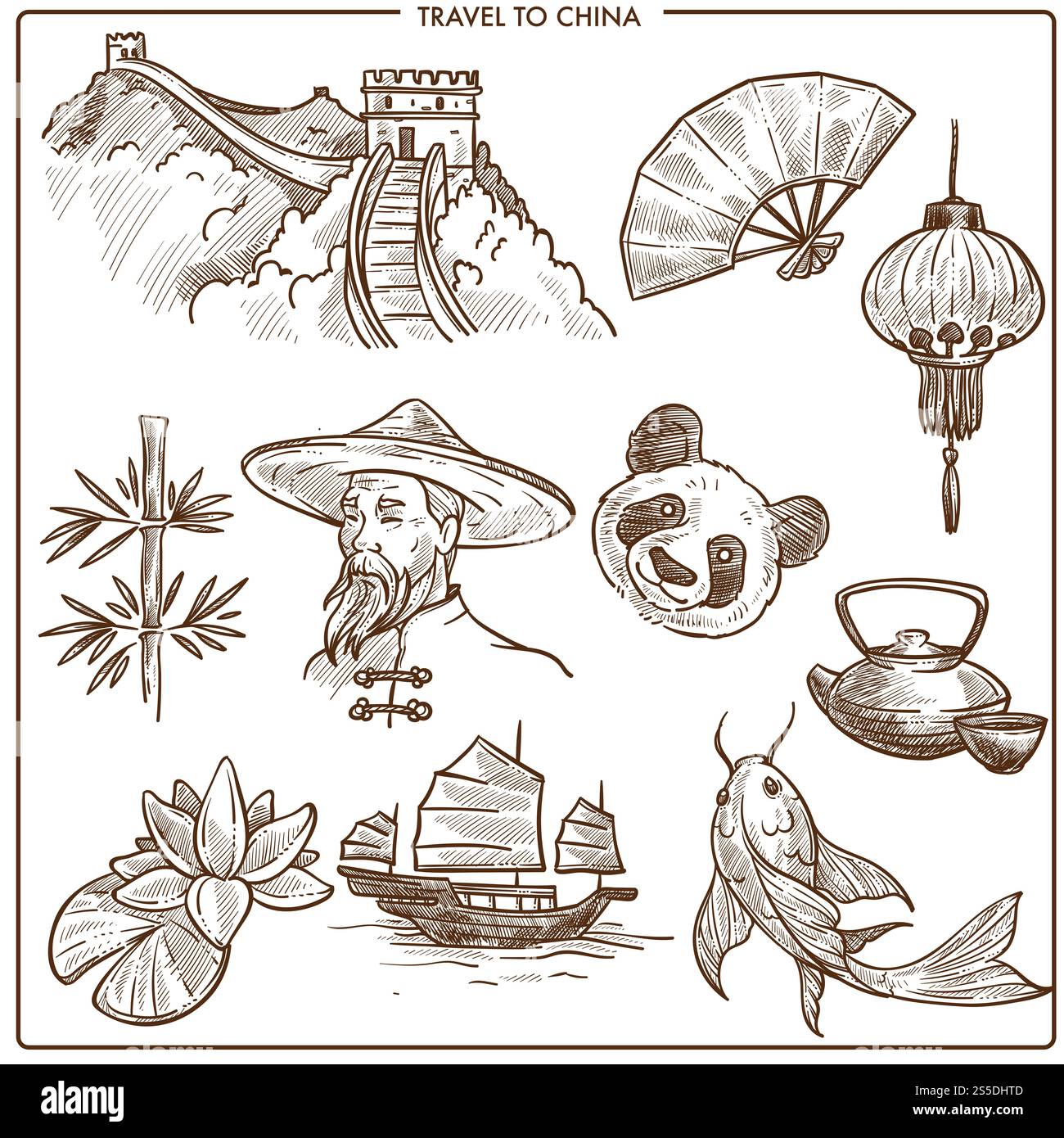 Reisesymbole und Reiseziele in China zeichnen Wahrzeichen. Vektor Chinesische große Mauer, Panda in Bambus oder goldenen Fisch und Nudelgerichte oder traditionelle Laterne und chinesischer Mann. China-Reisesymbole und Vektorskizzen Orientierungspunkte Stock Vektor Reisesymbole und Reiseziele in China zeichnen Wahrzeichen. Vektor Chinesische große Mauer, Panda in Bambus oder goldenen Fisch und Nudelgerichte oder traditionelle Laterne und chinesischer Mann. China-Reisesymbole und Vektorskizzen Orientierungspunkte Stock Vektor