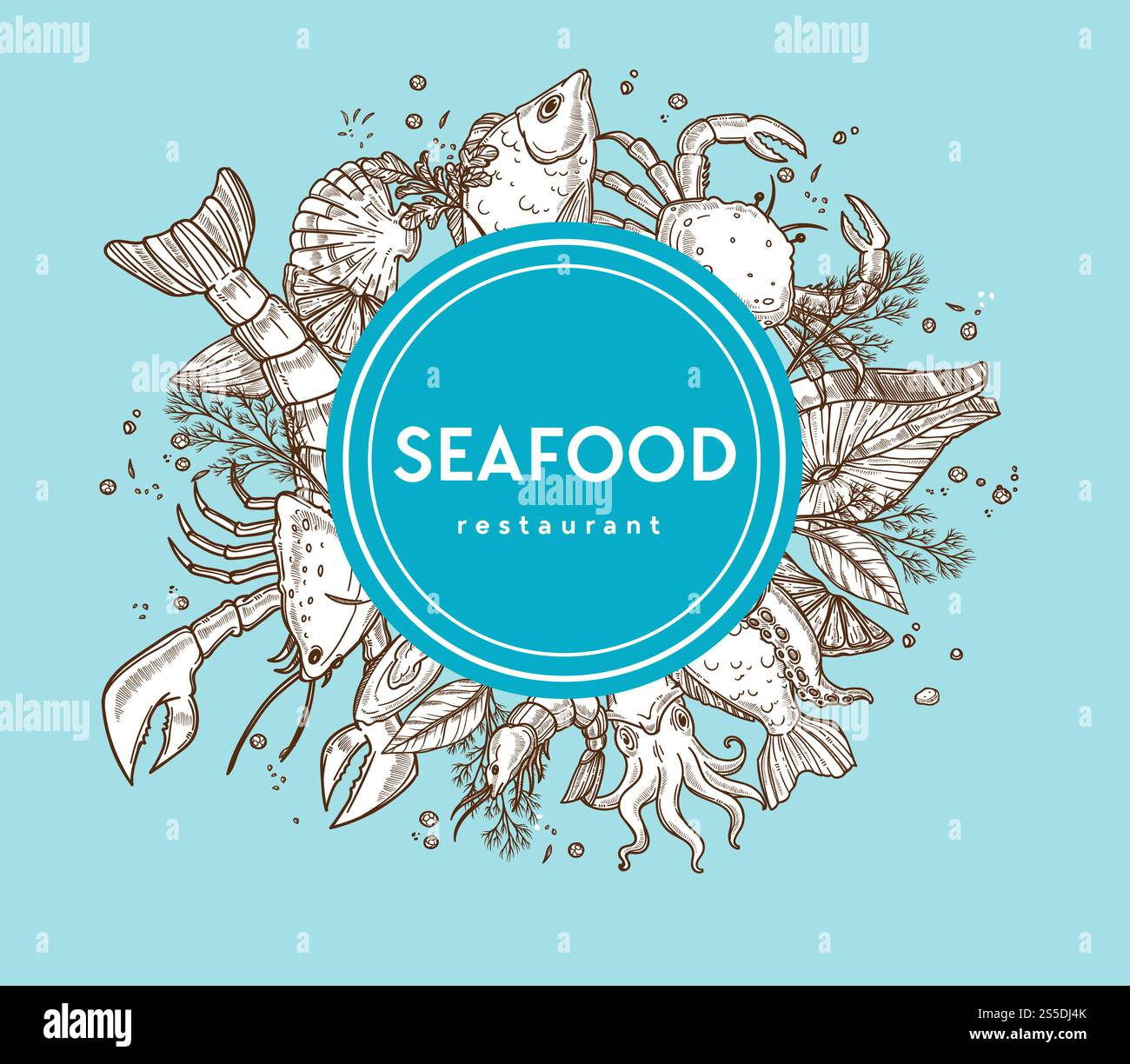 Promo-Banner für Meeresfrüchte-Restaurants mit Skizzen von rohem Essen. Riesiger Hummer, Meereskrabben, exotischer Tintenfisch, leckerer Lachs und Königsgarnelen um Schild isolierte Zeichentrickgrafik flache Vektorillustration auf blau.. Promo-Banner für Meeresfrüchte-Restaurants mit Skizzen von rohem Essen Stock Vektor