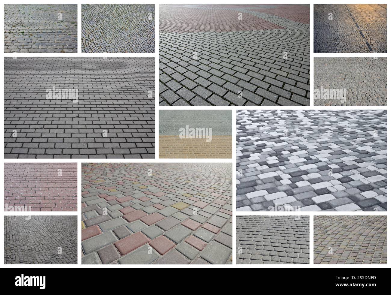 Eine Collage von vielen Bildern mit Fragmenten der Bodenplatten close-up. Einstellen von Bildern mit Pflaster Stein Stockfoto
