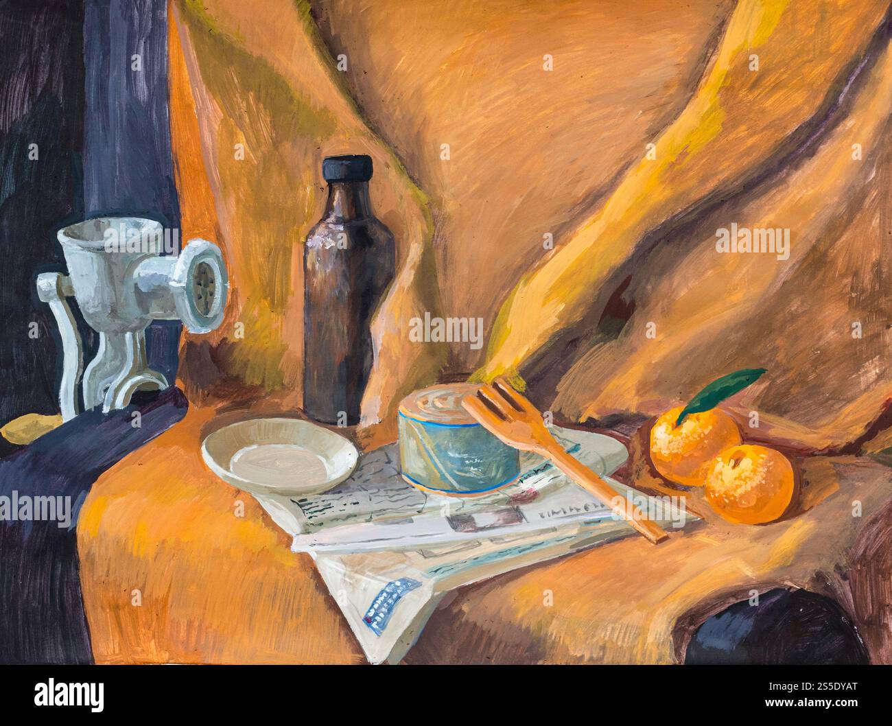 Stillleben mit manueller Fleischzerkleinerung, Zeitungen, Konserven, Orangen, handbemalt mit Tempera-Farben auf Papier Stockfoto