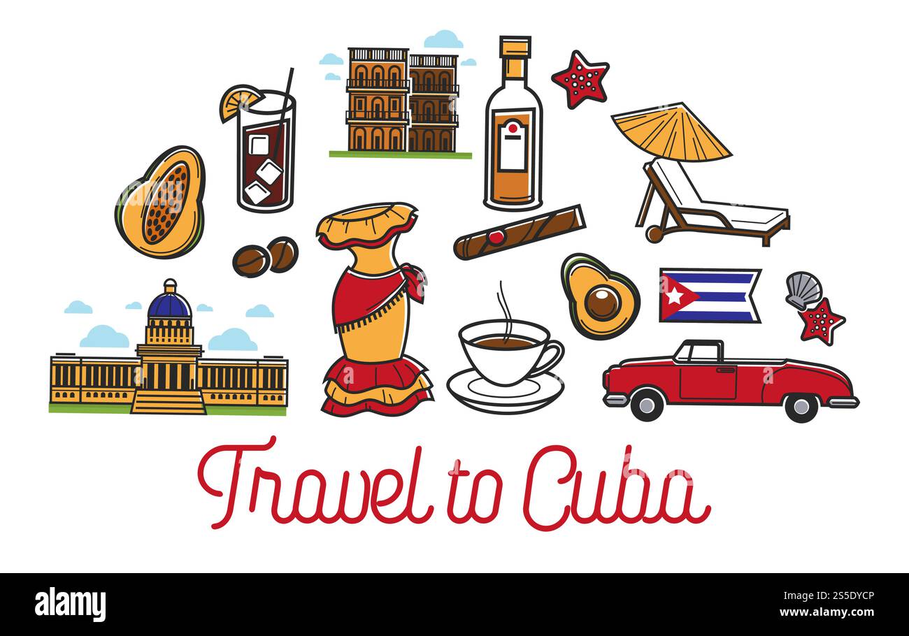 Kuba Travel Country berühmte Symbole oder touristische Wahrzeichen. Vektor Kuba Flagge, Havanna Zigarre oder Rum und Capitol Gebäudearchitektur, Kaffee oder Avocado und Retro Limousinen Auto. Kuba Reise Vektorsymbole oder touristische Wahrzeichen Stock Vektor